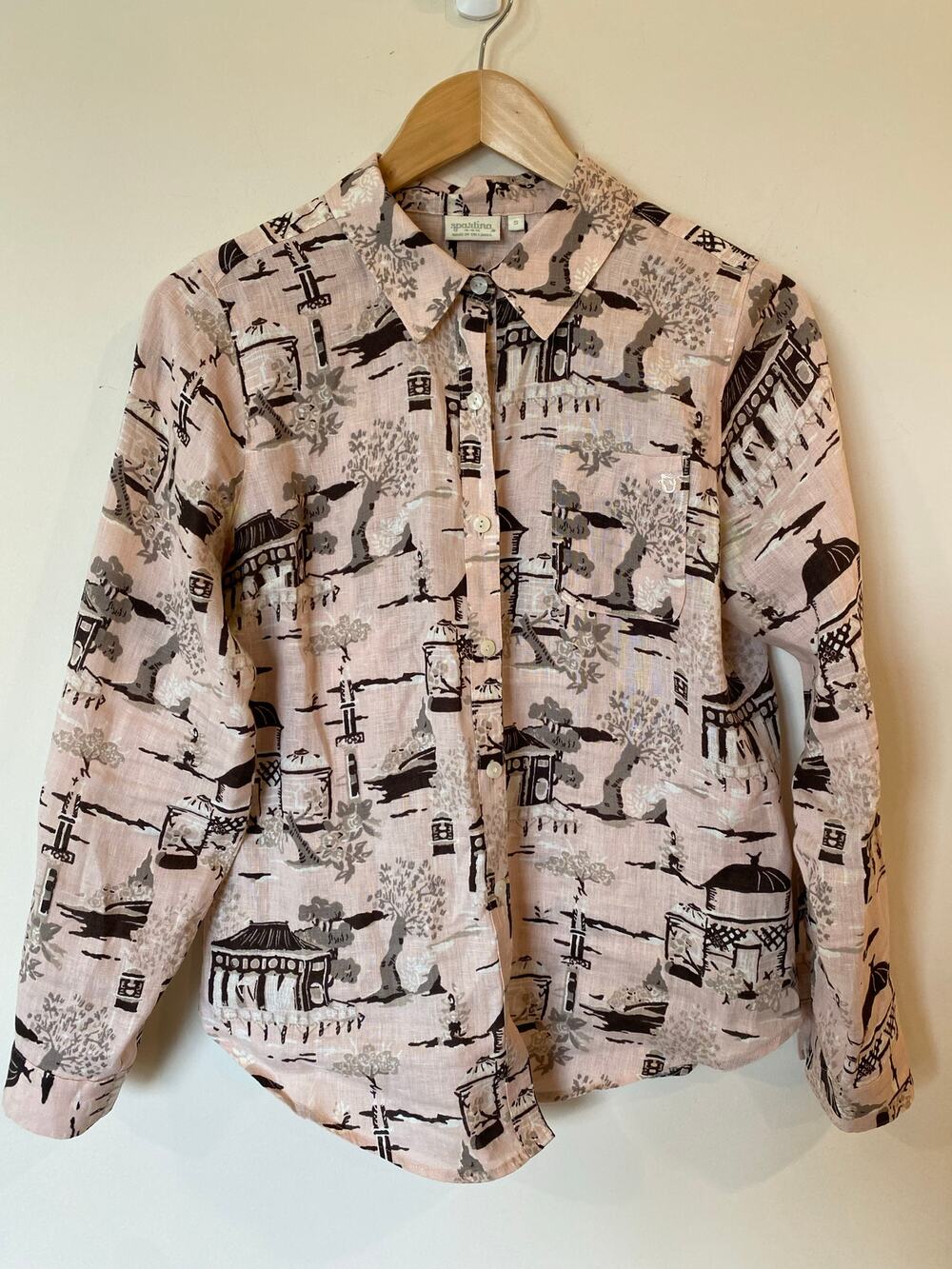 Spartina 499 Scenic Print Button Up Shirt Pink Women's Small Boho Preppy